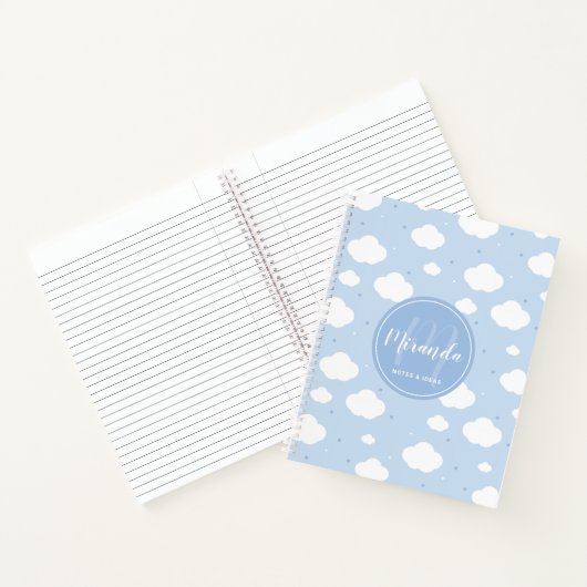 Cute Blue Sky met aangepaste monogram en naam Notitieboek (Binnen)