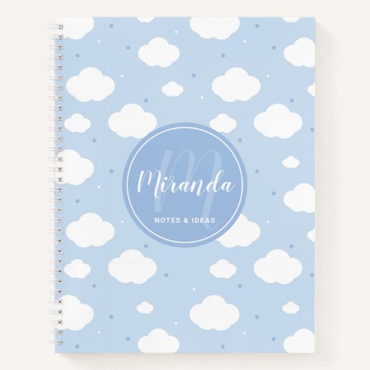 Cute Blue Sky met aangepaste monogram en naam Notitieboek (Voorkant)