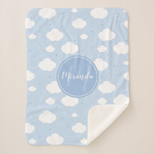 Cute Blue Sky met aangepaste monogram en naam Sherpa Deken (Voorkant)