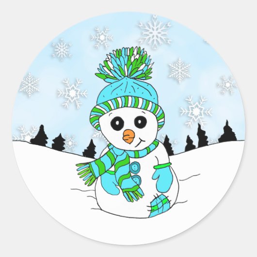 Cute Blue Snowman and Snowflakes Christmas Holiday Ronde Sticker (Voorkant)