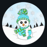 Cute Blue Snowman and Snowflakes Christmas Holiday Ronde Sticker<br><div class="desc">Cute Blue Snowman and Snowflakes Christmas Holiday stickers.</div>