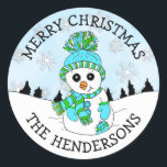 Cute Blue Snowman and Snowflakes Christmas Holiday Ronde Sticker<br><div class="desc">Cute Blue Snowman and Snowflakes Christmas Holiday stickers.</div>