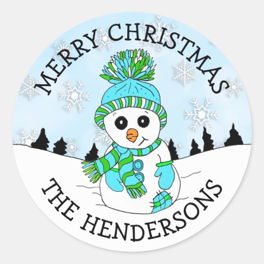Cute Blue Snowman and Snowflakes Christmas Holiday Ronde Sticker (Voorkant)