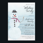 Cute Blue Snowman Waterverf Holiday Party Kaart<br><div class="desc">Deze schattige feestelijke kerstfeestelijke uitnodiging is perfect voor het feestelijke winterevenement. Het bevat een vorstpastelblauw handbeschilderd waterverf-sneeuwman gekleed in een zwarte bovenste hoed, een bruine rode sjaal, zwarte kool voor ogen, mond en knoop, en een oranje wortel voor zijn neus bovenop een blauwe gradiëntombre-waterverf achtergrond en witte sneeuwgrond. Het is...</div>