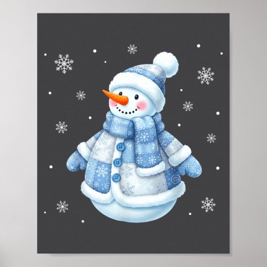 Cute Blue Snowman With Snowflakes Winter Christmas Poster (Voorkant)