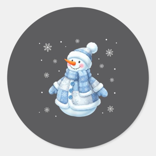 Cute Blue Snowman With Snowflakes Winter Christmas Ronde Sticker (Voorkant)