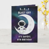 Cute Blue Space Astronaut Moon 8th Birthday Kaart (Gele Bloem)