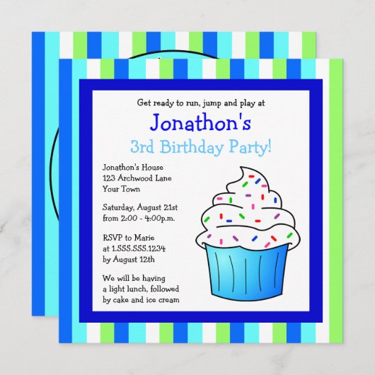 Cute Blue Sprinkle Cupcake Birthday Boy Invite Kaart (Voorkant / Achterkant)