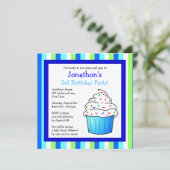 Cute Blue Sprinkle Cupcake Birthday Boy Invite Kaart (Staand voorkant)