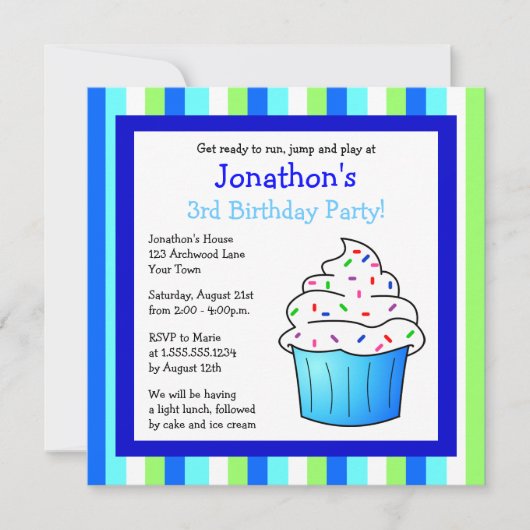 Cute Blue Sprinkle Cupcake Birthday Boy Invite Kaart (Voorkant)