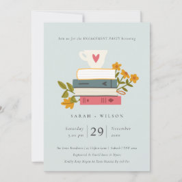Cute Blue Stapked Books Floral Verloving Invite Bedankkaart