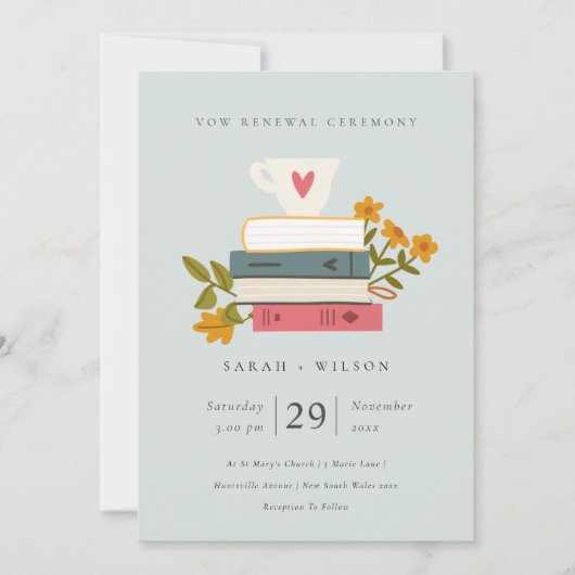 Cute Blue Stapked Books Floral Vow Renewal Invite Bedankkaart (Voorkant)