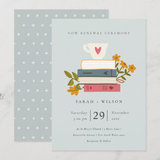 Cute Blue Stapked Books Floral Vow Renewal Invite Bedankkaart (Voorkant / Achterkant)