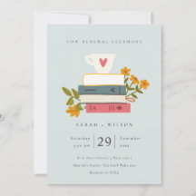 Cute Blue Stapked Books Floral Vow Renewal Invite