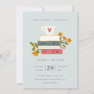 Cute Blue Stapked Books Floral Vow Renewal Invite Bedankkaart