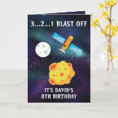 Cute Blue Starry Space Satellite 8th Birthday Kaart (Gele Bloem)