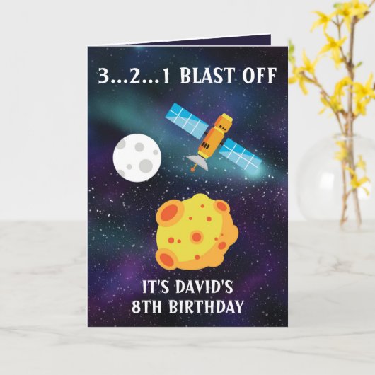 Cute Blue Starry Space Satellite 8th Birthday Kaart (Gele Bloem)