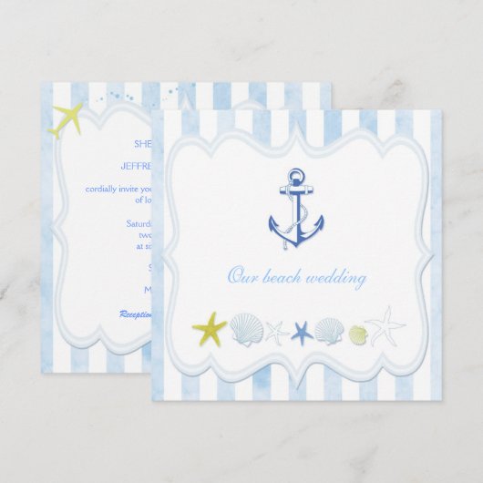 Cute Blue Striped Nautical Wedding Kaart (Voorkant / Achterkant)