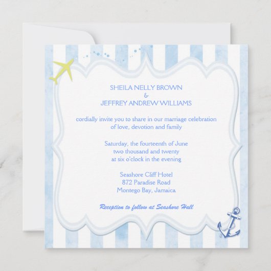 Cute Blue Striped Nautical Wedding Kaart (Achterkant)
