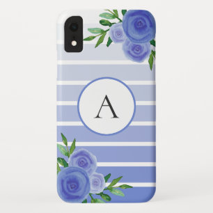 Cute Blue Stripes Ombre Waterverf Floral Monogram Case-Mate iPhone Case