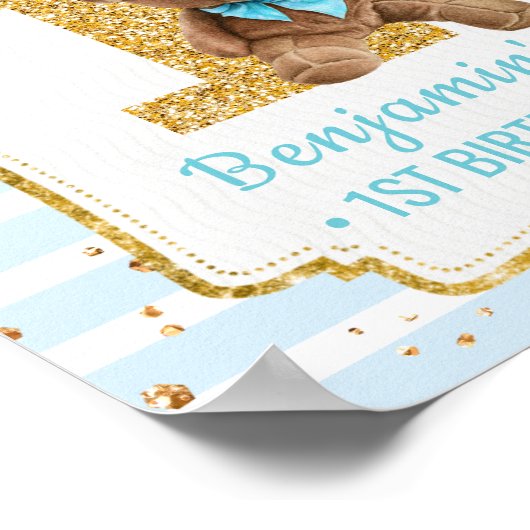 Cute Blue Strips Teddy Bear 1e verjaardag Poster (Hoek)