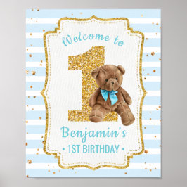 Cute Blue Strips Teddy Bear 1e verjaardag Poster