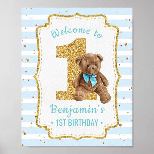 Cute Blue Strips Teddy Bear 1e verjaardag Poster (Voorkant)