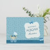Cute Blue Stroller Baby Boy Aqiqah Kaart (Staand voorkant)