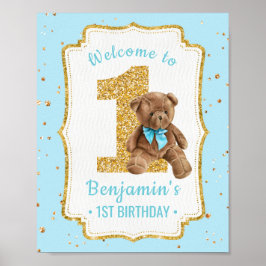 Cute Blue Teddy Bear 1e verjaardag Poster