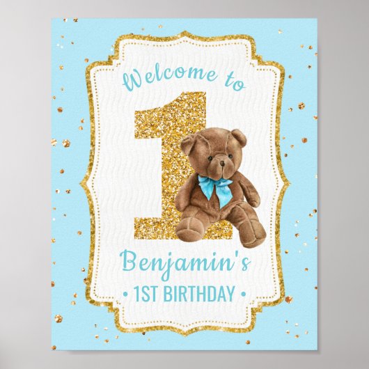 Cute Blue Teddy Bear 1e verjaardag Poster (Voorkant)