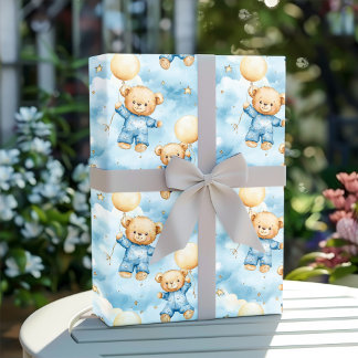 Cute Blue Teddy Bear Baby Boy Shower Cadeaupapier