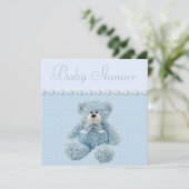 Cute Blue Teddy Bear Baby Boy Shower Kaart (Staand voorkant)