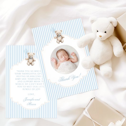 Cute Blue Teddy Bear Baby Boy Shower Photo Bedankkaart