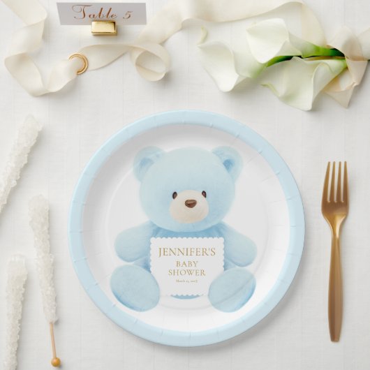 Cute Blue Teddy Bear Baby shower Papieren Bordje (Huwelijk)