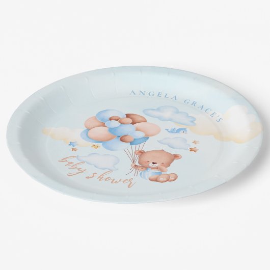 Cute Blue Teddy Bear Baby shower Papieren Bordje (Gekanteld)