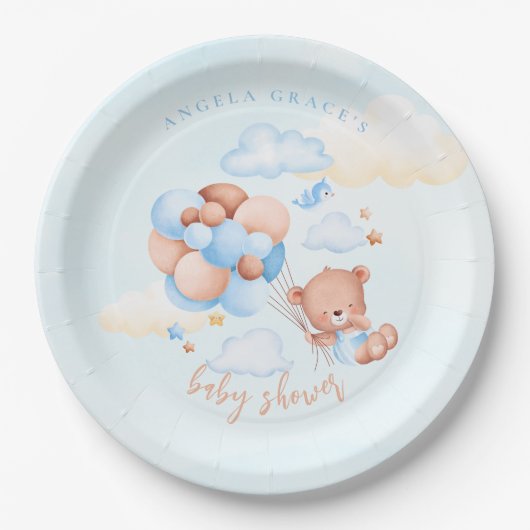Cute Blue Teddy Bear Baby shower Papieren Bordje (Voorkant)