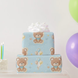 Cute Blue Teddy Bear Balloons Baby Boy Shower Cadeaupapier