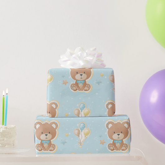 Cute Blue Teddy Bear Balloons Baby Boy Shower Cadeaupapier (Feestgeschenken)