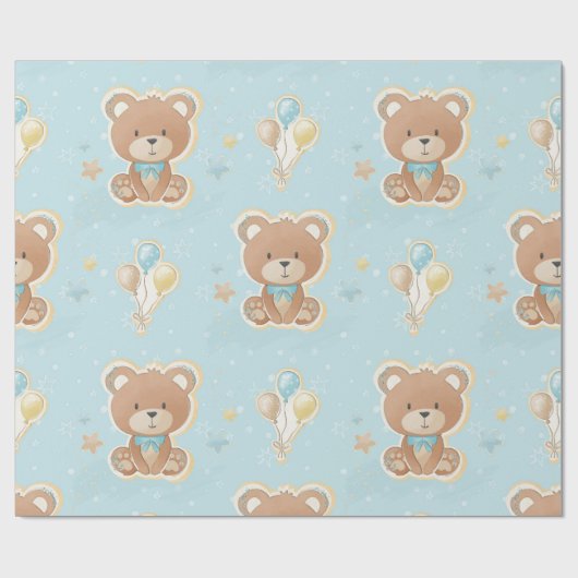 Cute Blue Teddy Bear Balloons Baby Boy Shower Cadeaupapier (Vlak)