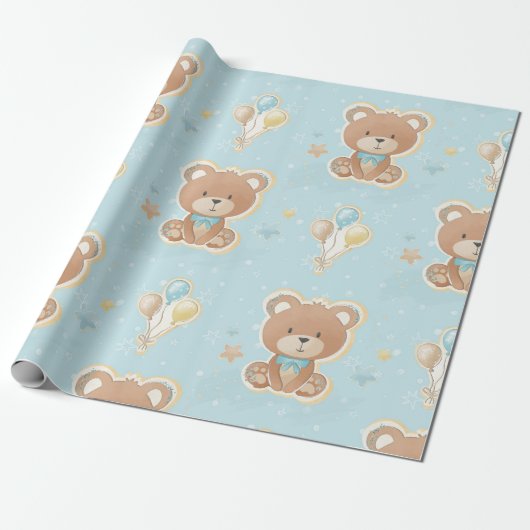 Cute Blue Teddy Bear Balloons Baby Boy Shower Cadeaupapier (Uitgerold)