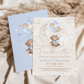 Cute Blue Teddy Bear Moon Balloons Boy Baby shower Kaart