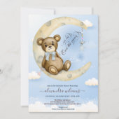 Cute Blue Teddy Bear Moon Balloons Boy Baby shower Kaart (Voorkant)
