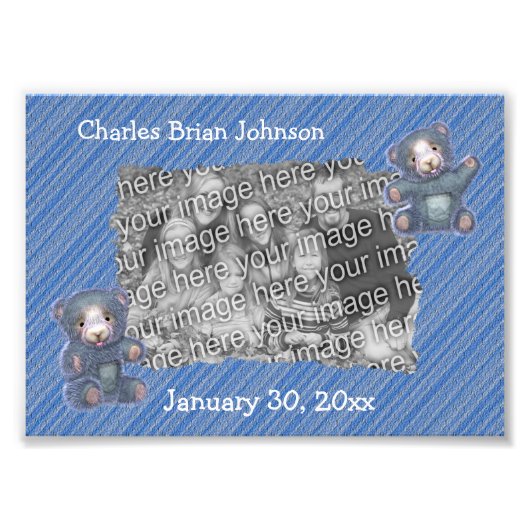 Cute Blue Teddy Bears Lijst New Baby Foto Afdruk (Voorkant)