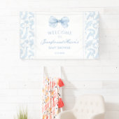 Cute Blue Toile Bow Baby Boy Shower Welcome Banner (Insitu)