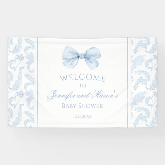 Cute Blue Toile Bow Baby Boy Shower Welcome Banner (Horizontaal)