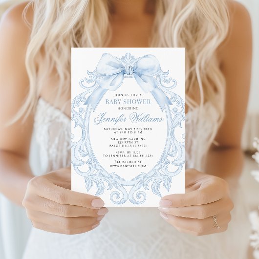 Cute Blue Toile Frame Bow Baby Boy Shower Kaart