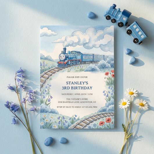 Cute Blue Train Watercolor Boys Birthday Party Kaart