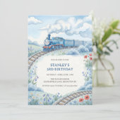 Cute Blue Train Watercolor Boys Birthday Party Kaart (Staand voorkant)