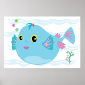Cute Blue Tropical Fish Pink Fins Poster (Voorkant)