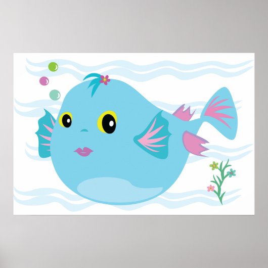 Cute Blue Tropical Fish Pink Fins Poster (Voorkant)